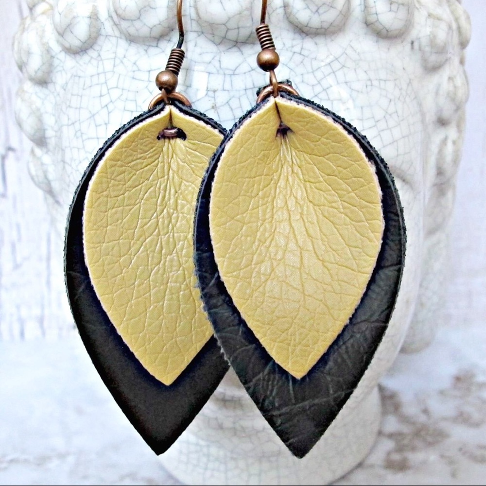 Yellow black and copper leather earrings